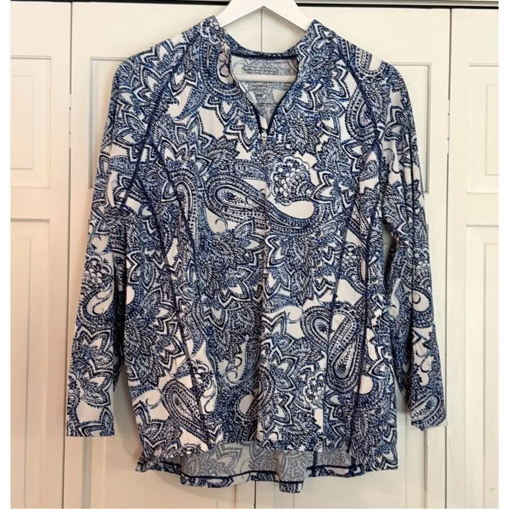 Coolibar blue paisley quarter zip rash guard pullover XL